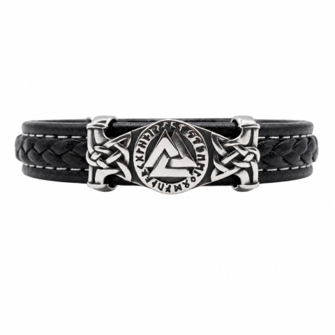VALKNUT BRANSOLETKA MĘSKA SKÓRZANA PLECIONA STAL NORDYCKA SYMBOL RUNY